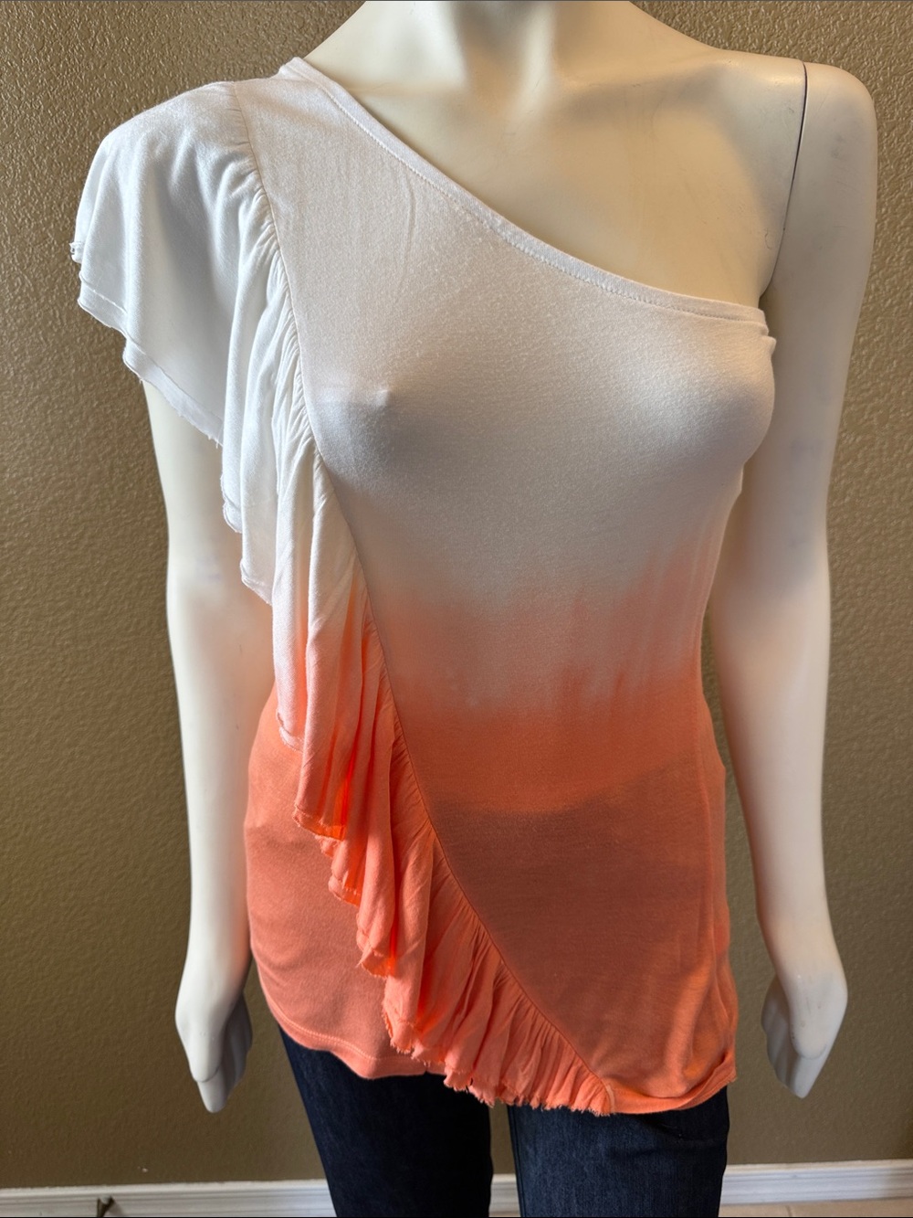 Gianni Bini White to Coral Ombre One-Shoulder Ruffle Top